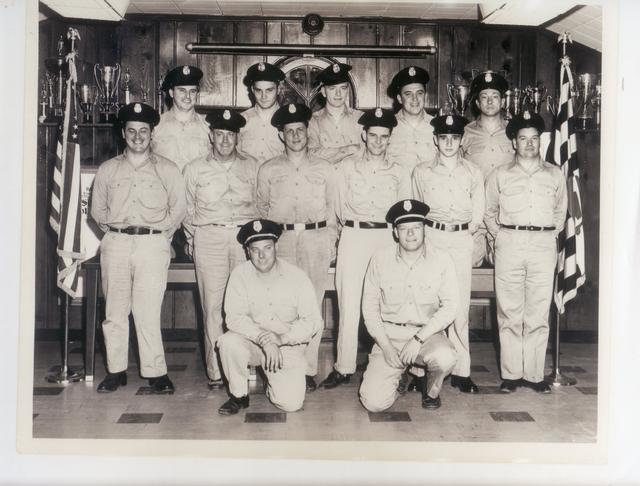 Left to right: Front row--Bob Seek, Dave Gratz. Second row--Buddy Heller, Charlie Cole, Charlie Moran, unknown, Dick Rajotte, Carrol Gray. Back row--Bob Tierney, George Pendelton, Preston Wheeler, Genie Helbert, unknown.