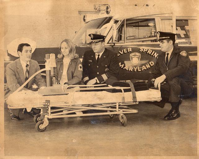 Left to right, examing 'new' CPR device (Thumper) are Kenny Heltzel, Mary Beth Michos, Dave Gratz and John Best.