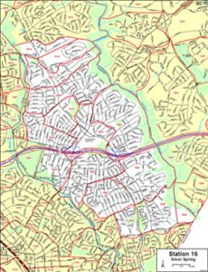 Map of a residential area labeled Station 16 Silver Spring. The map features marked boundaries and roads, with various sections in different colors. The layout shows neighborhoods with street details, surrounded by green areas.