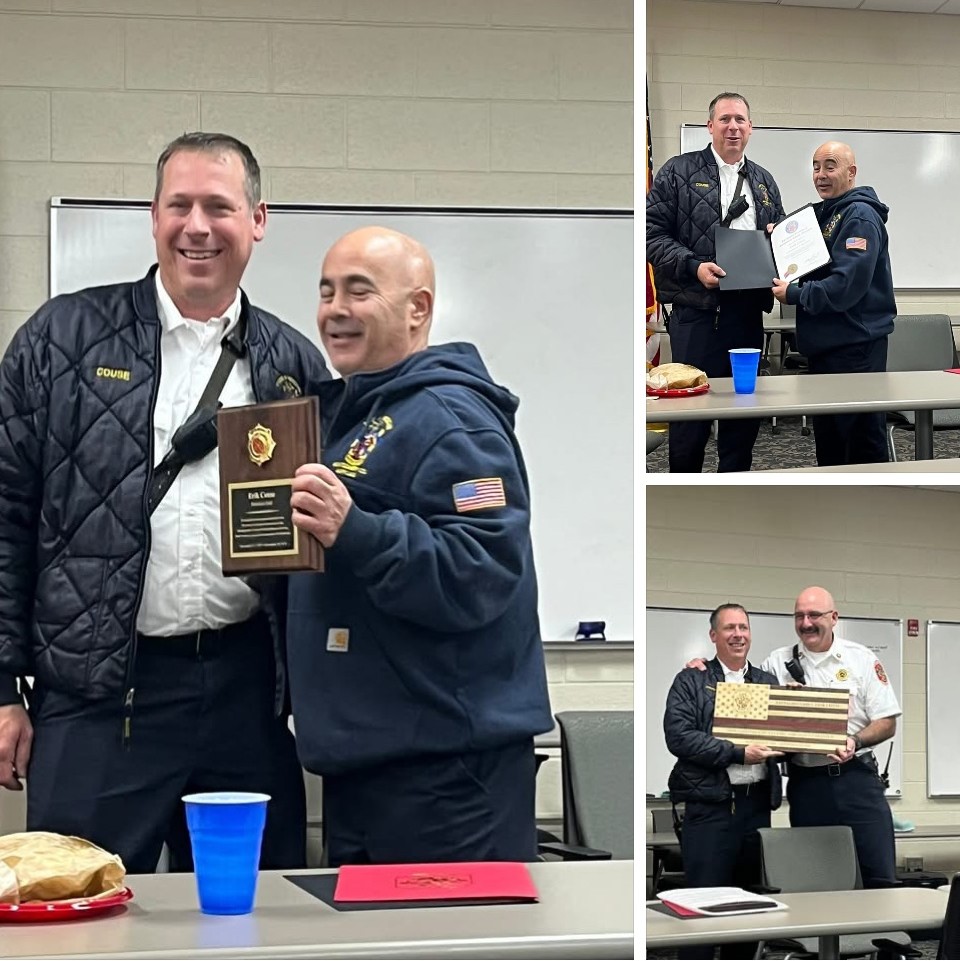 Three photos show two men in uniform at an award ceremony. They pose with a plaque, a certificate, and a wooden American flag while smiling in a classroom setting with tables and food visible.